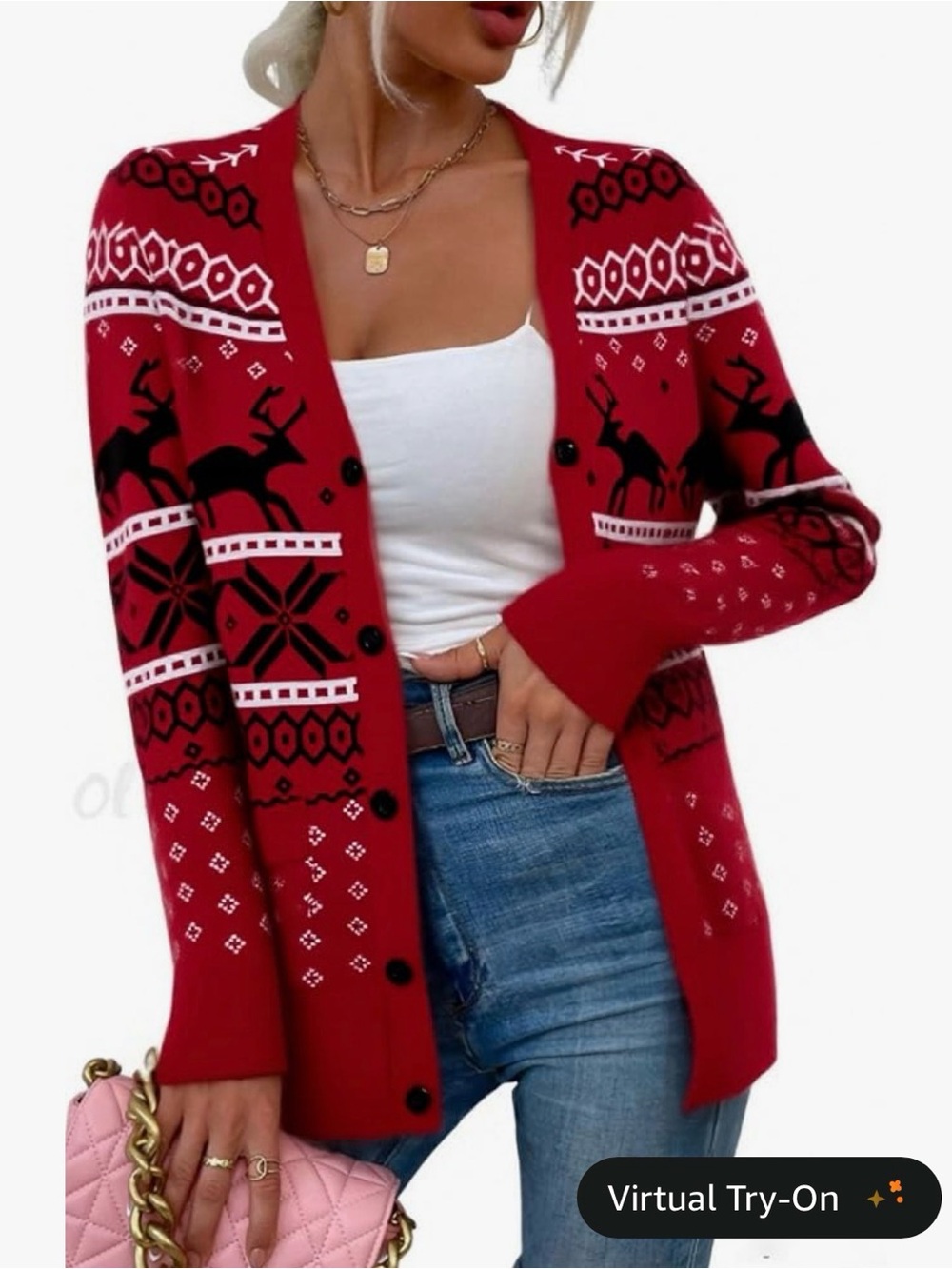 Red Holiday Reindeer Cardigan Sweater large